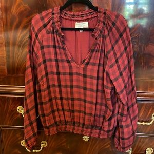 Anthropologie, large Merlot and black plaid blouse, long sleeved